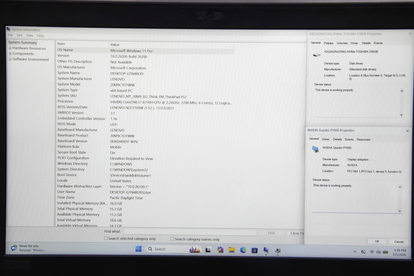 Lenovo TP P52 15.6″ Laptop i7-8750H 16 GB RAM 256 GB SSD Win 11 w/Charger