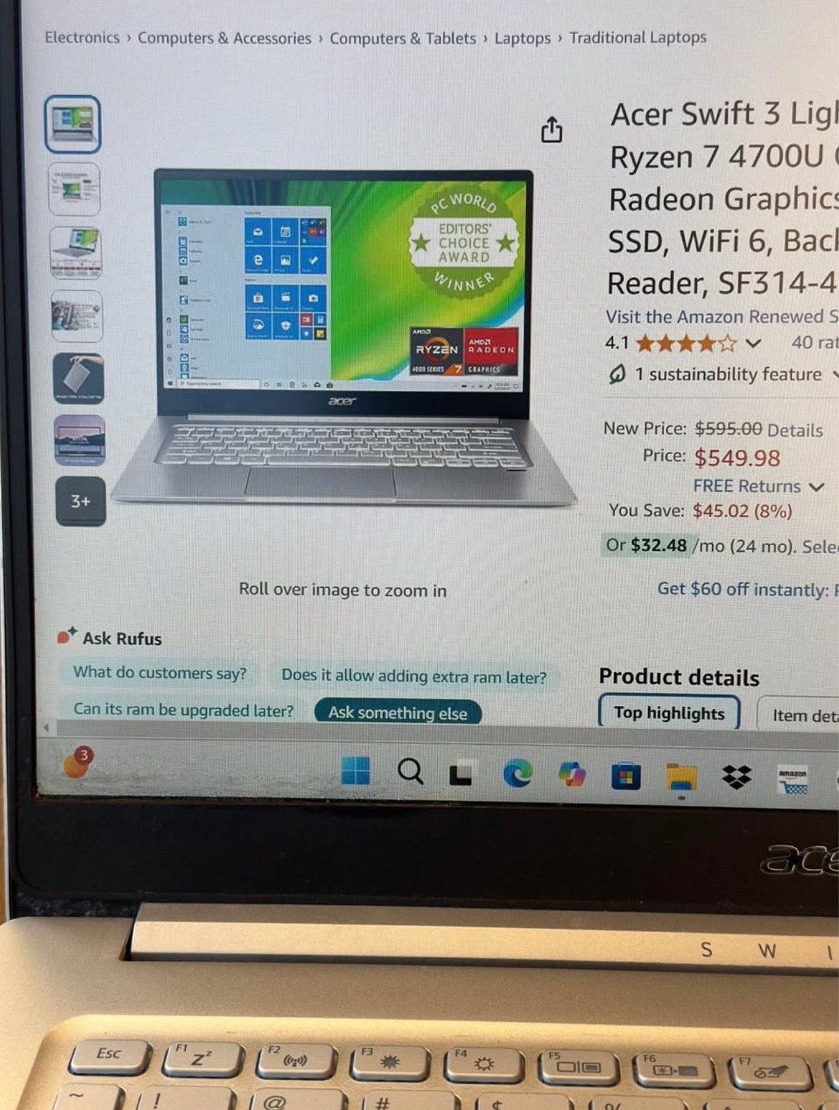 Acer Swift 3 Light and Thin Laptop, 14″ FHD IPS, AMD Ryzen 7 4700U Octa-Core…