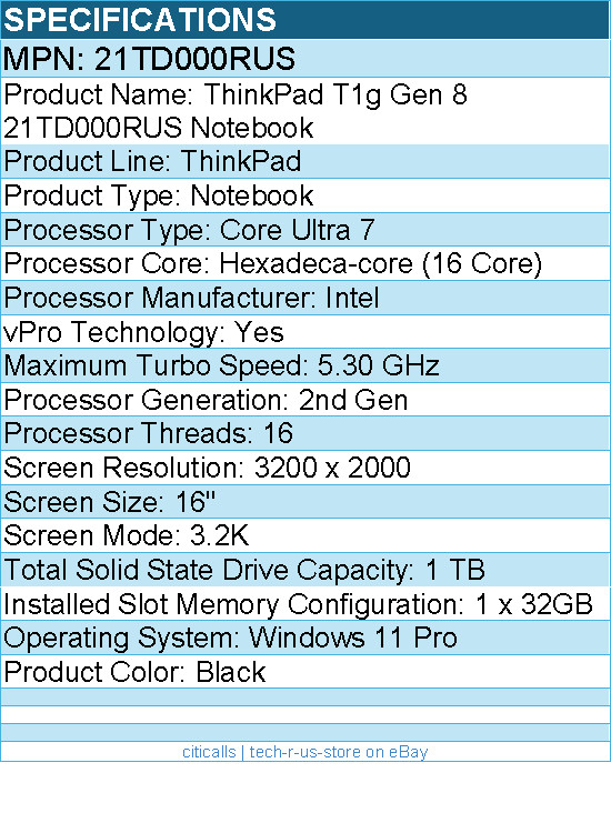Lenovo 21TD000RUS ThinkPad T1g Gen 8 16″ Touchscreen Notebook – Black