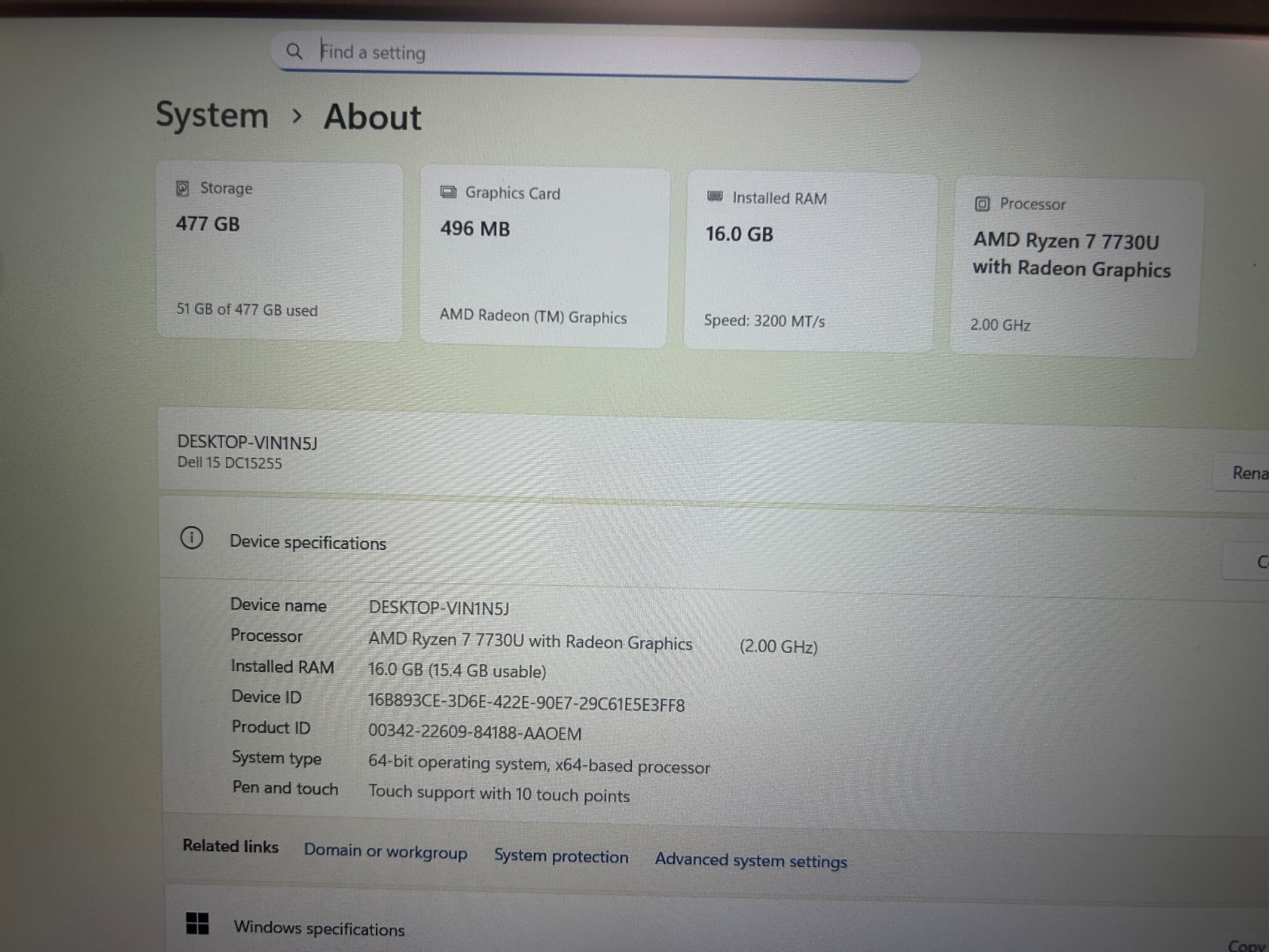 DELL 15 DC15255 G8MK9, AMD Ryzen 7 7730U, 2.00 GHz, 16 GB RAM 512 GB NVMe SSD