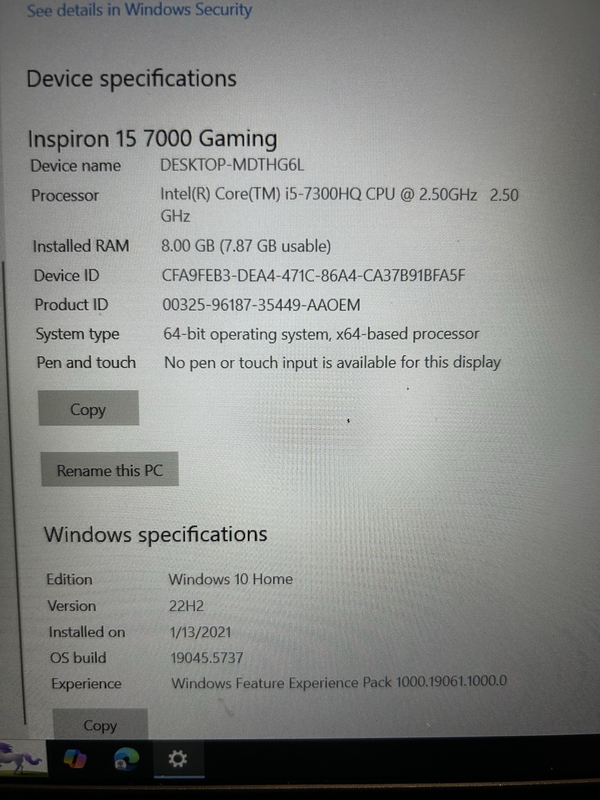 Dell Inspiron 15 7000 Gaming i5-7300HQ 8GB 256NVMe GeForce GTX 1050Ti