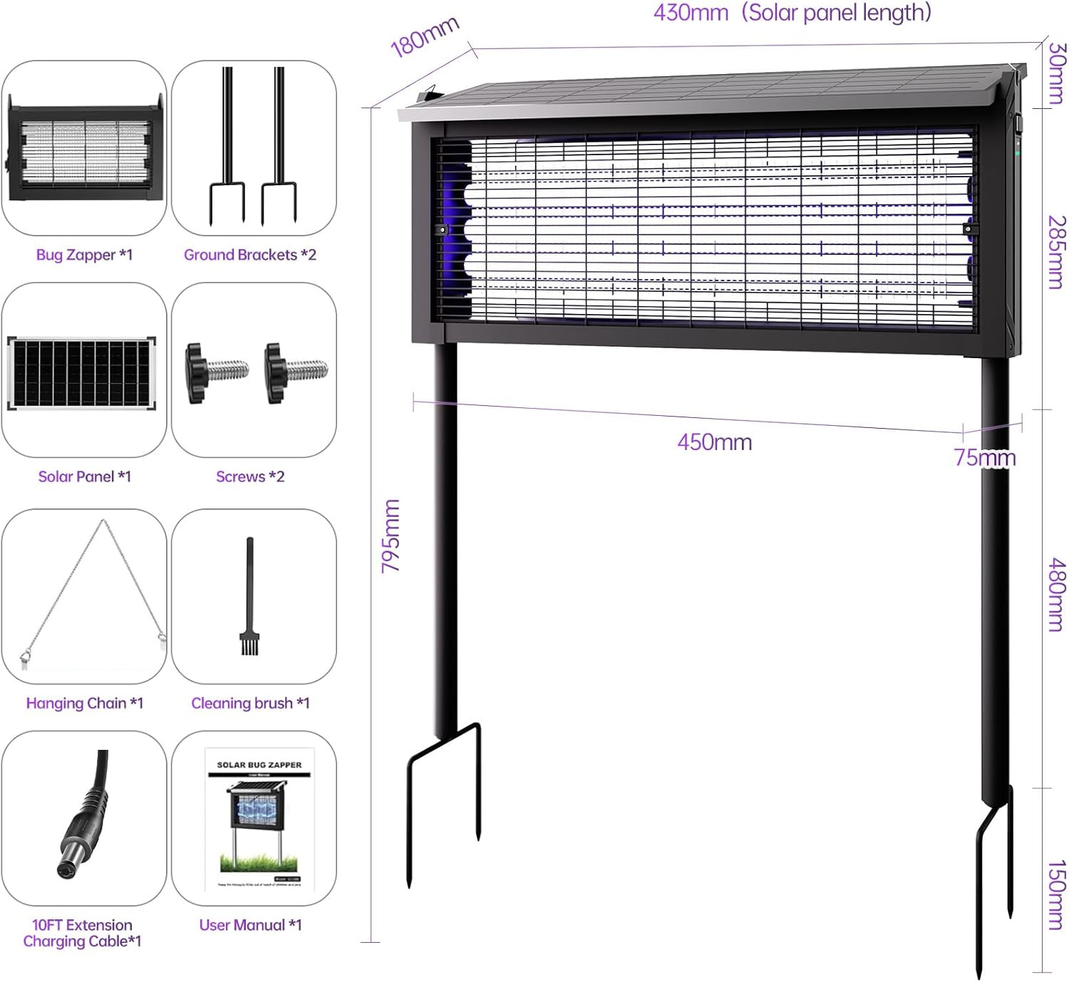 Solar Powered Mosquito Zapper, 4500V Outdoor Bug Zapper with 15W Solar Panel, Wa