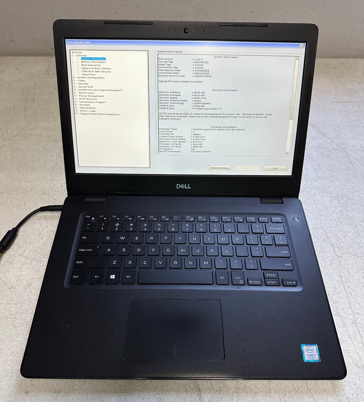 Dell Latitude 3490 14″ FHD (i7-8550U @1.80, 8GB RAM, Boot To Bio) NO HD/ADAPTER