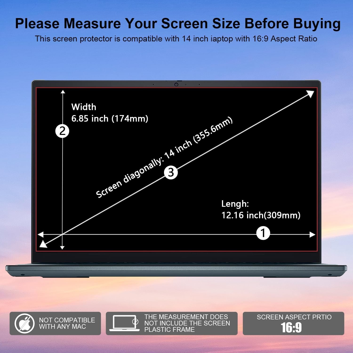 14″ Laptop Screen Protector, Tempered Glass Protector for 16:9 Laptop 14inch, 9H
