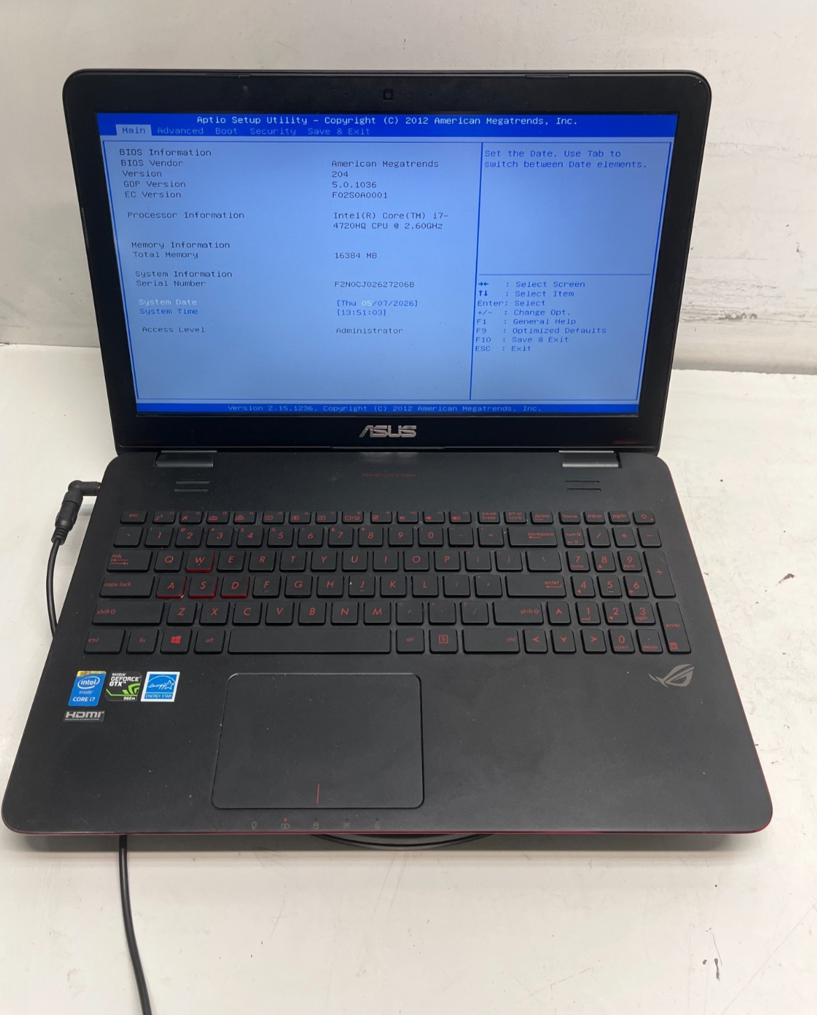Asus GL551J Intel Core i7-4720HQ 2.60Ghz 16GB NO HDD