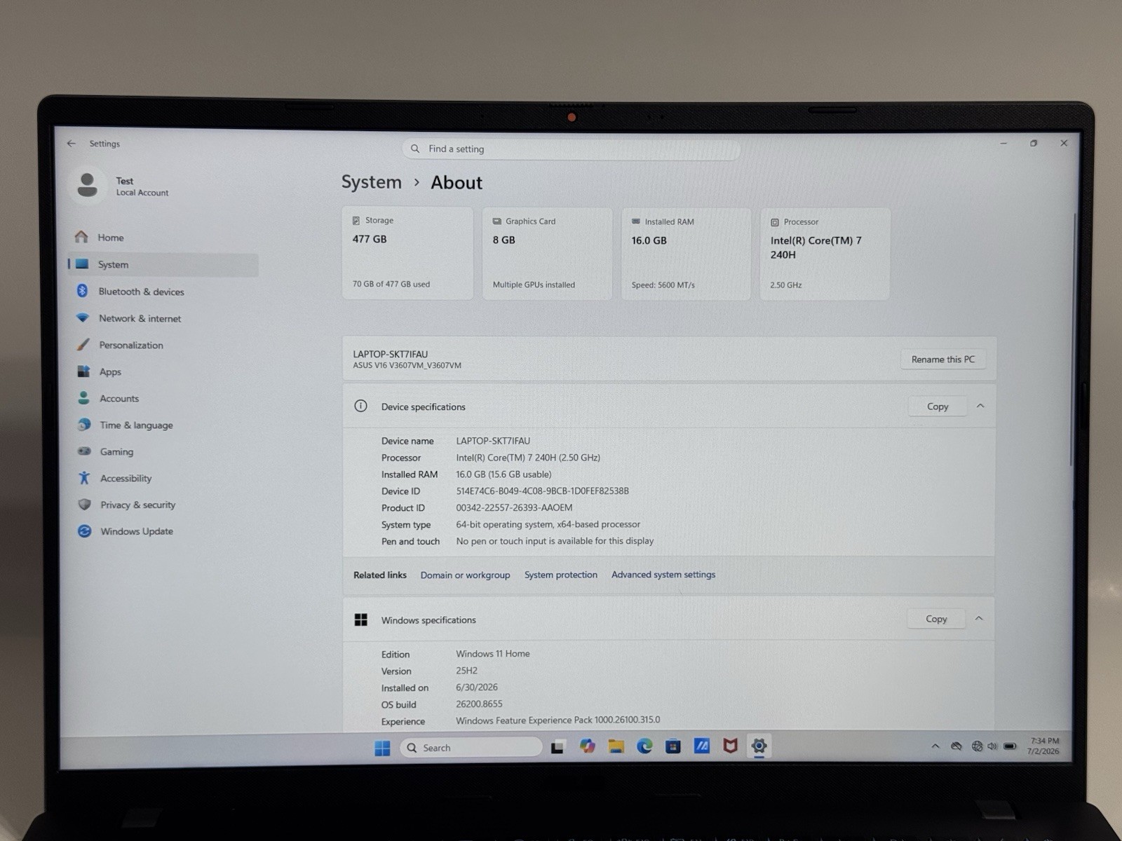 Asus V16 V3607VM 16″ FHD+ 144Hz 2.5 GHz Core 7 240H 16GB 1TB SSD RTX 5060