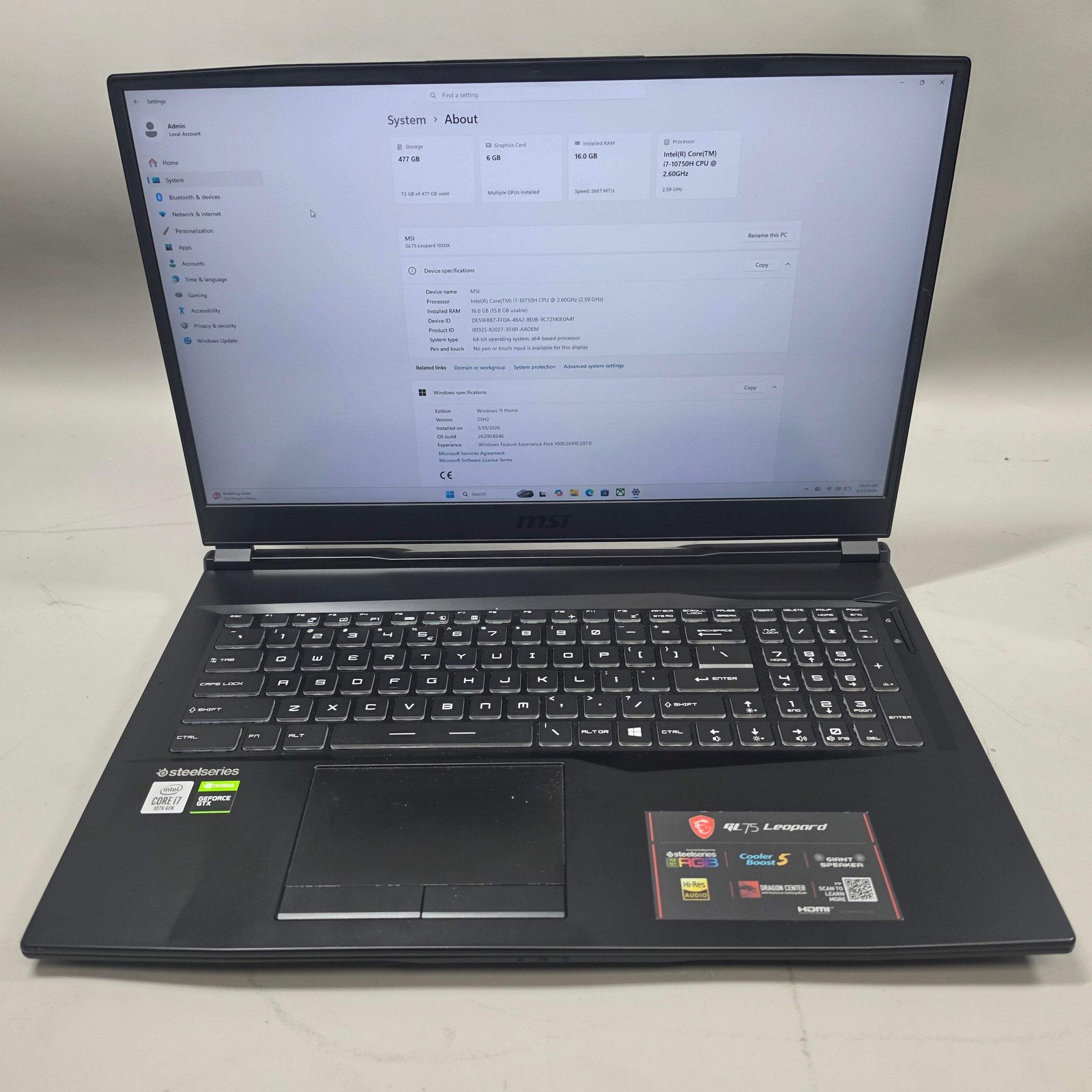 MSI Leopard GL75 GL75 17.3″ i7-10750H 2.6GHz 16GB RAM 512GB GeForce GTX 1660 Ti