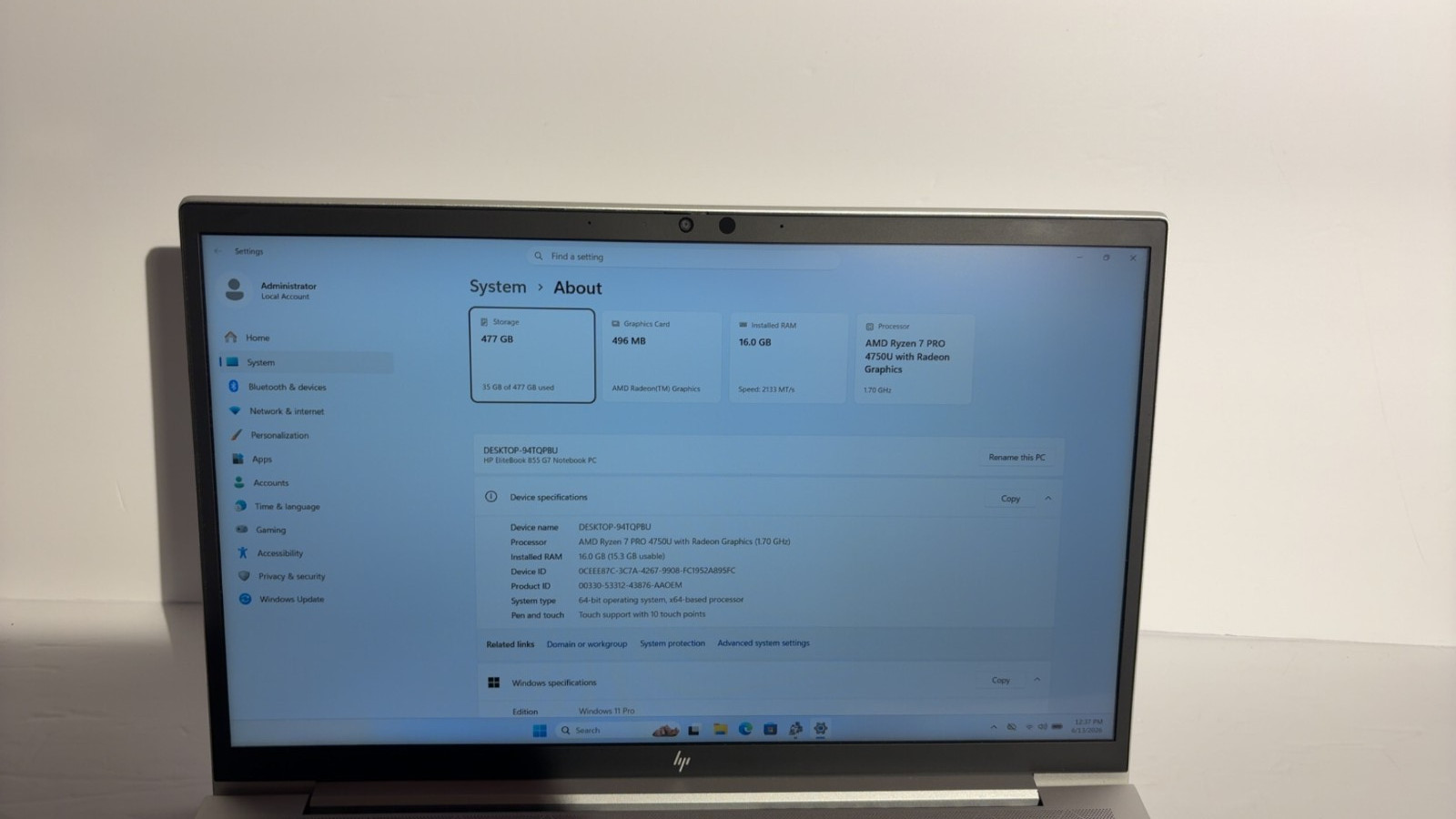 HP EliteBook 855 G7 AMD Ryzen 7 PRO 4750U 16GB 512GB SSD Touch AMD Radeon Win 11