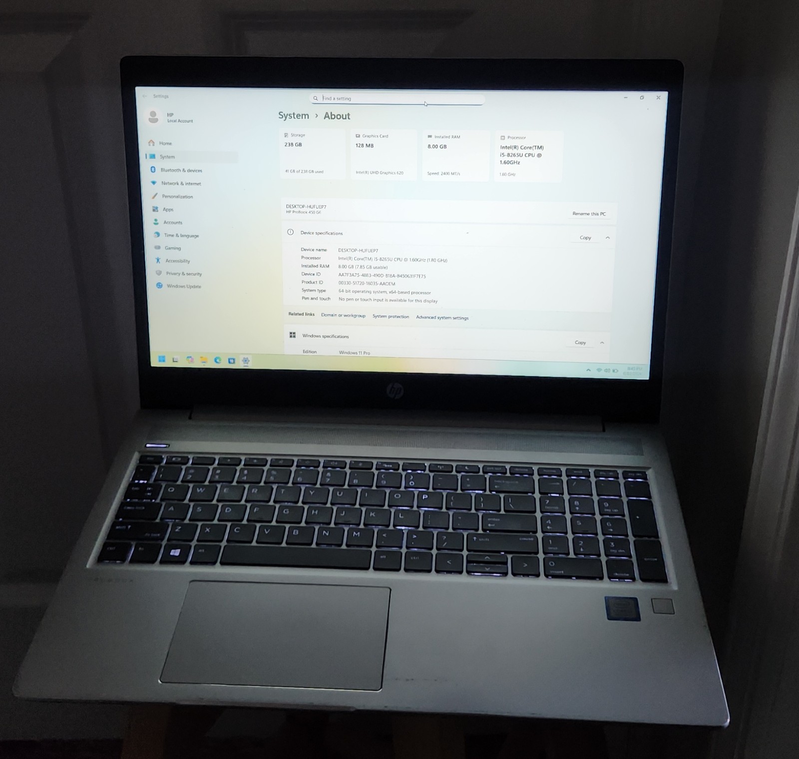 HP ProBook 450 G6 Win 11 Pro 15.6″ Laptop Core i5-8265U 1.6GHz 8GB RAM 256GB M2