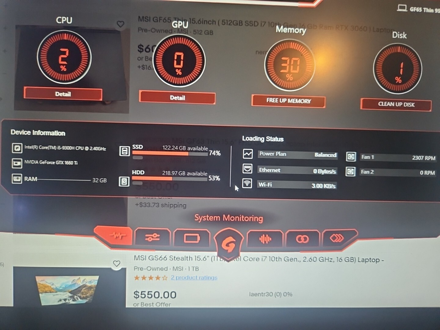 MSI GF63 Thin 15.6” (512GB SSD Intel Core i5-11400H 2.7GHz upgraded 32GB RAM)