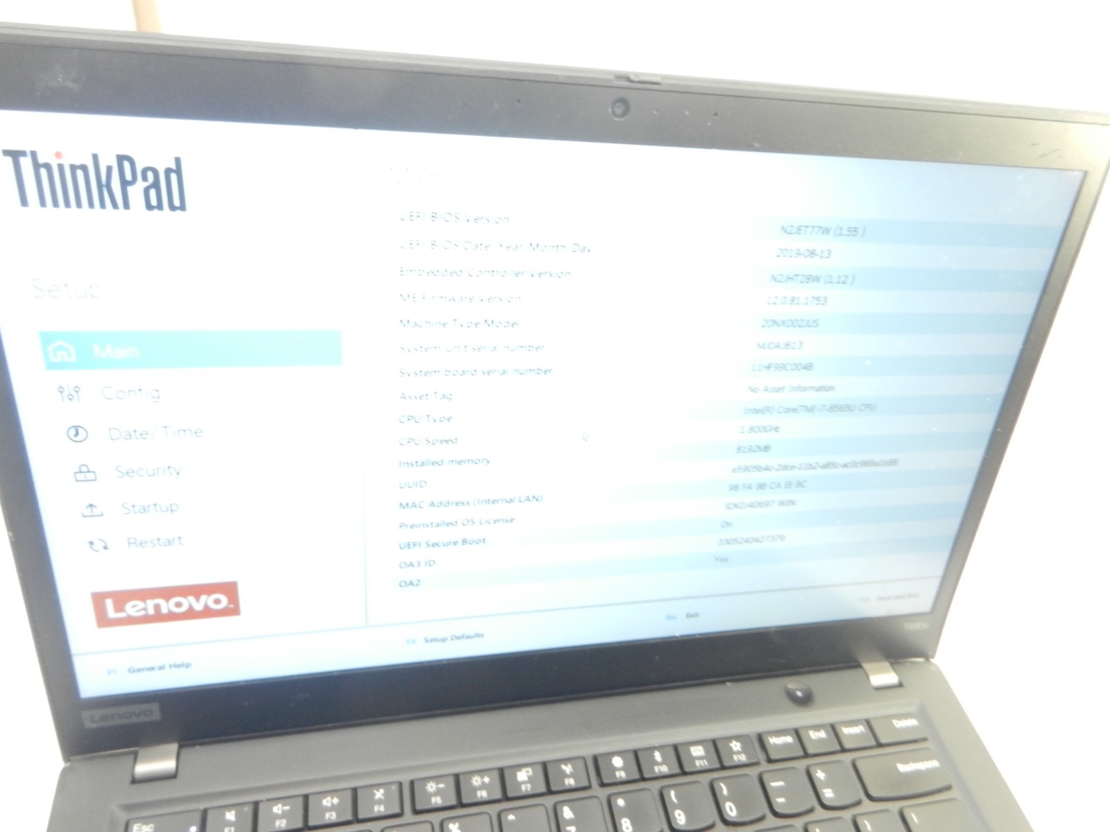 Lenovo ThinkPad T490s 14″ Core i7-8565U @ 1.8GHz 8GB RAM NO HDD/SSD **NO BATTERY