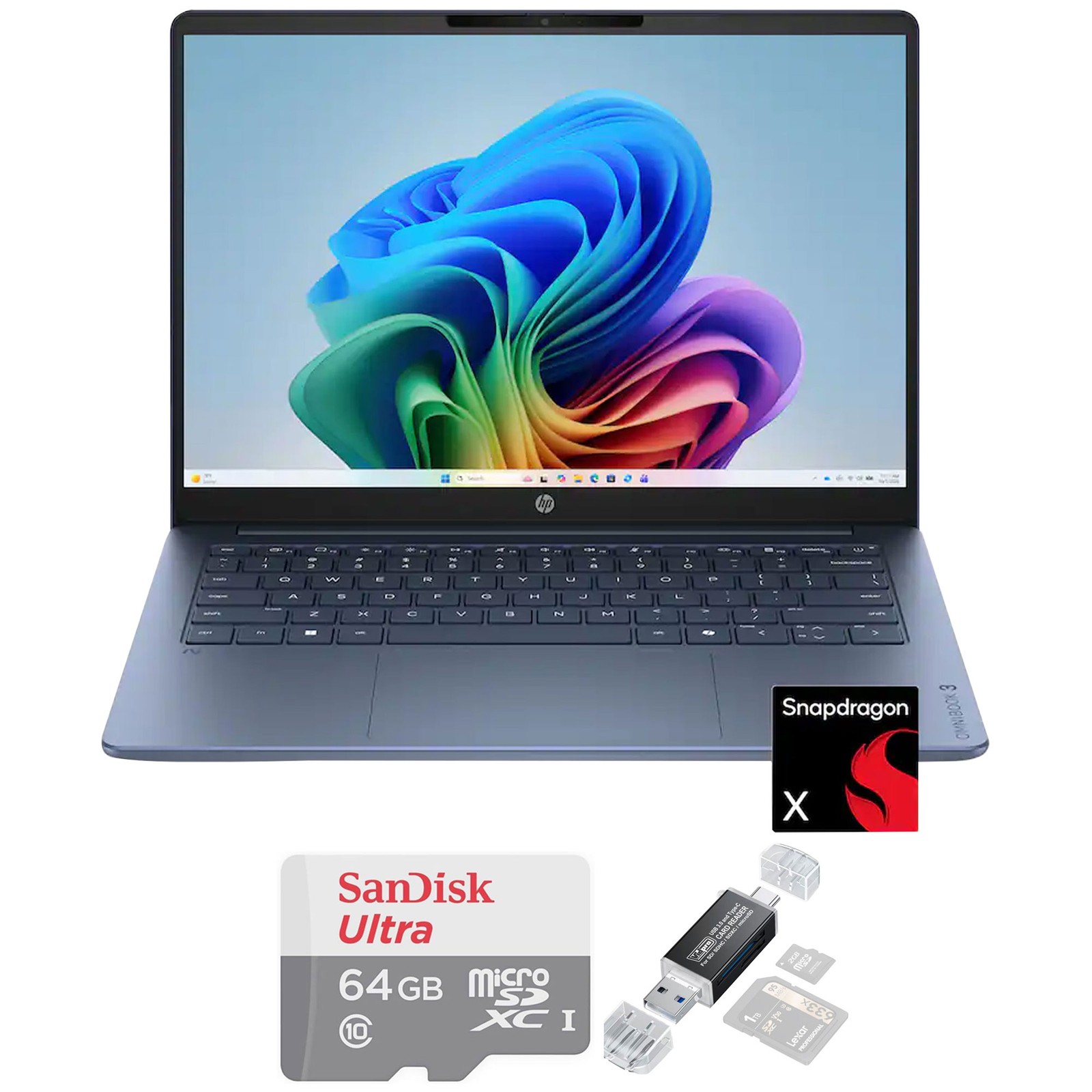 HP OmniBook 3 14″ Touchscreen Laptop 16GB, 512GB SSD (Blue) + 64GB Card + Reader