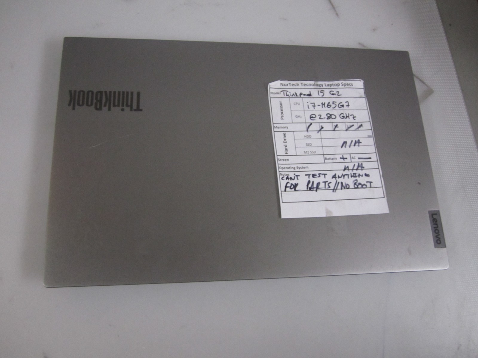 Lenovo ThinkBook 15 G2 ITL I7-1165G7 2.80GHZ NO OS/AC FOR PARTS ONLY
