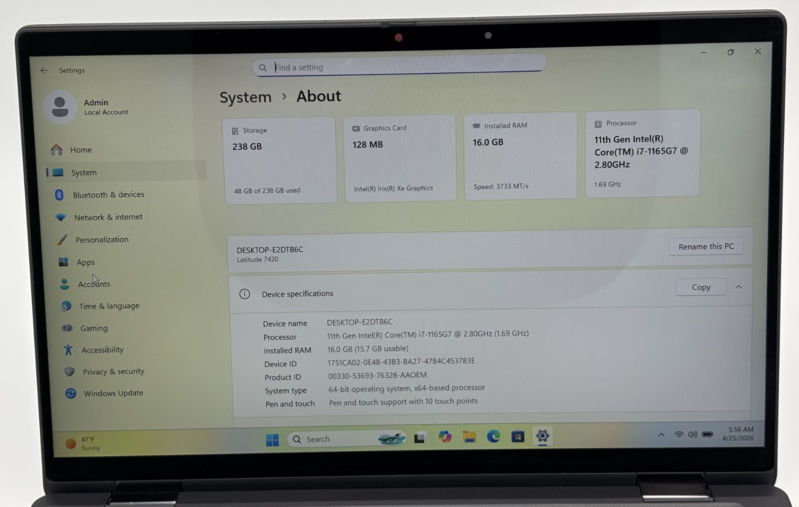 Dell Latitude 7420 14″ Intel i7-1165G7 2.8GHz 16GB RAM 256GB NVMe SSD Win 11 Pro