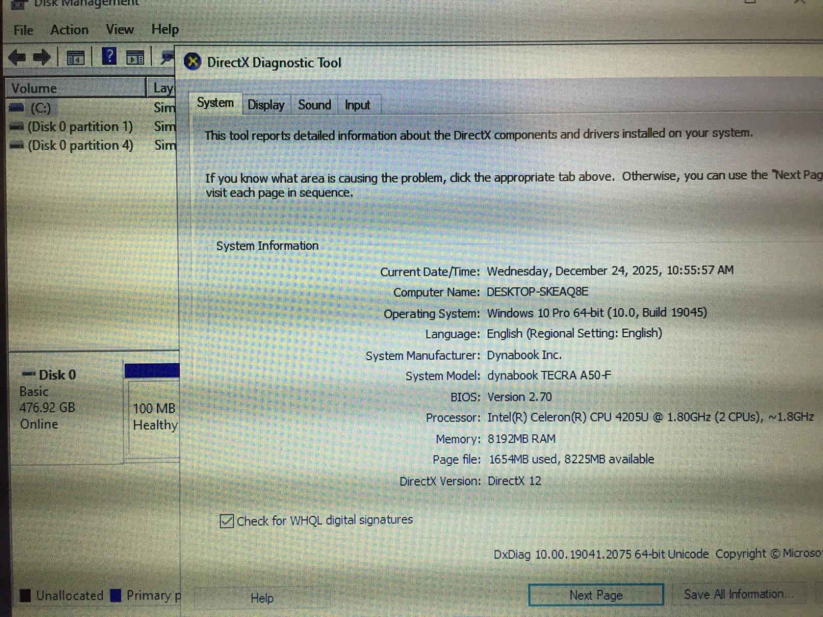 TOSHIBA DYNABOOK TECRA A50-F 15.6 HD Laptop/Intel 4205U/8GB RAM/512G SSD/WI0 Pro