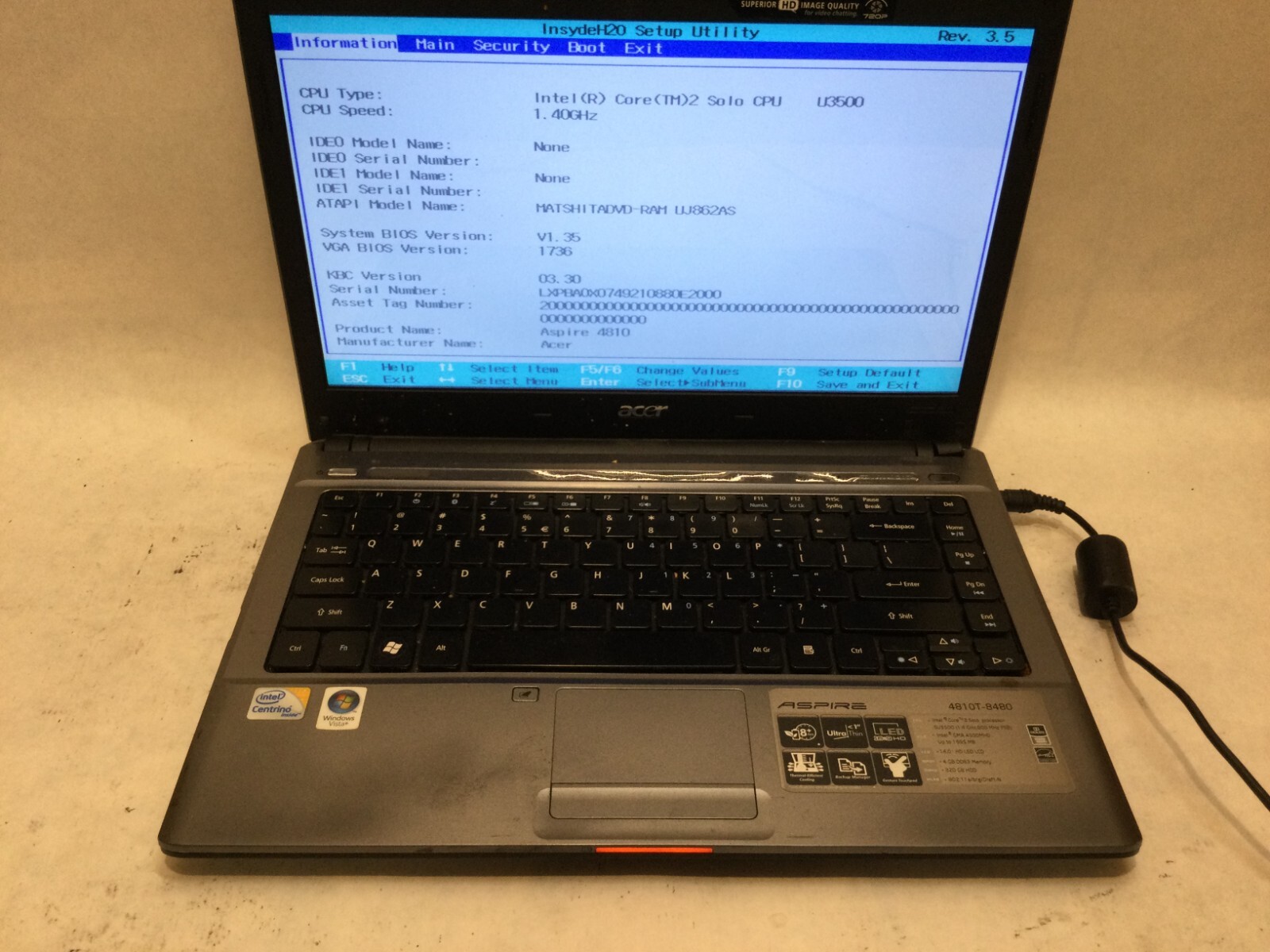 Acer Aspire 4810T-8480 14″ / Intel Core 2 U3500 @ 1.40GHz / (MISSING PARTS!) MR