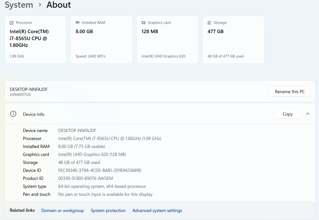 LENOVO ThinkPad T590 i7 8GB RAM 512GB SSD WIN11P 15.6″