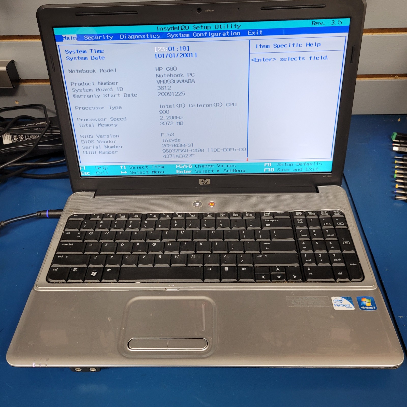 HP Pavilion G60-508us / Intel Celeron 900 / 3 GB RAM / NO HDD