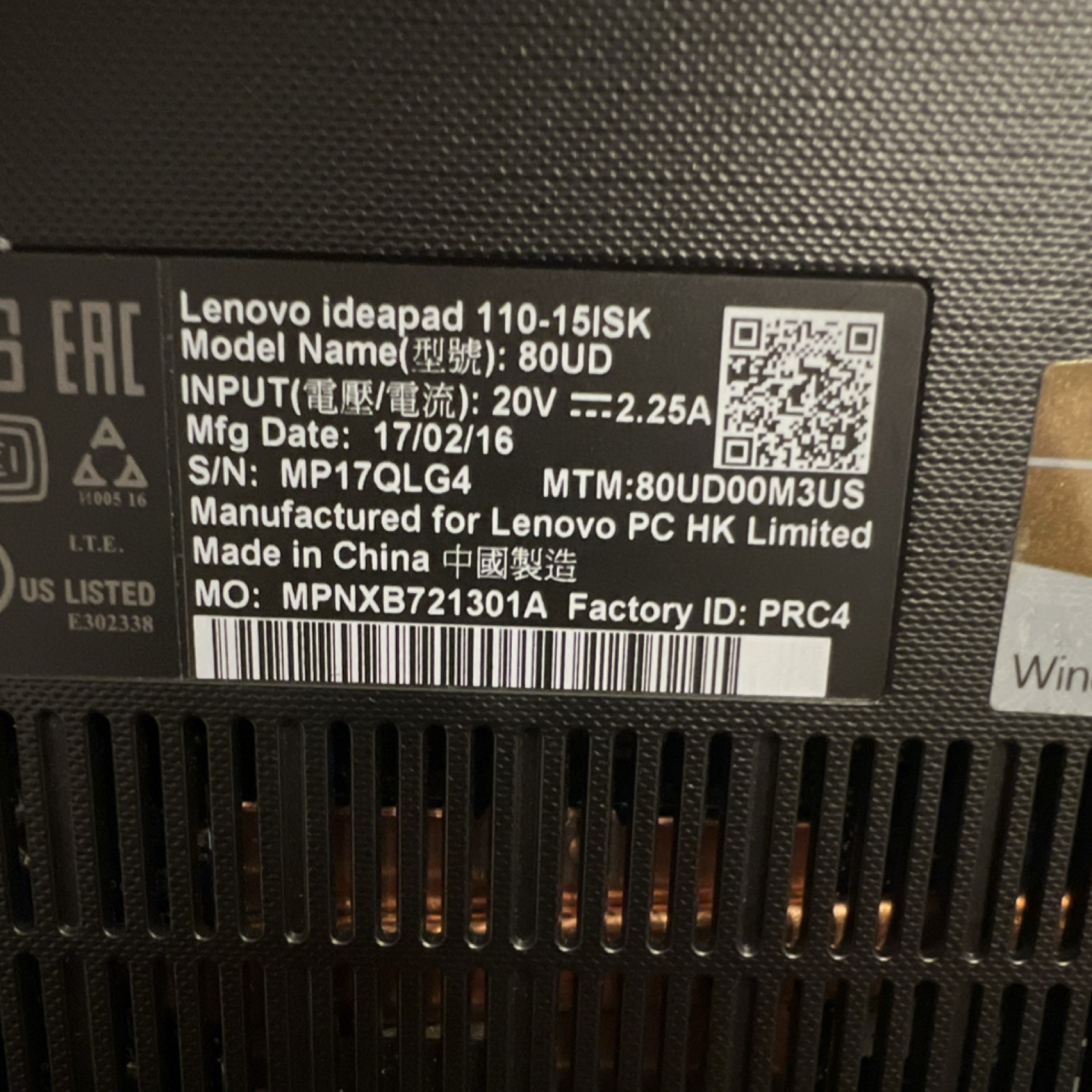 Lenovo Ideapad 110-15ISK Intel i3-6100U 12GB RAM 500GB HDD 15.6″ Win 11 bad batt