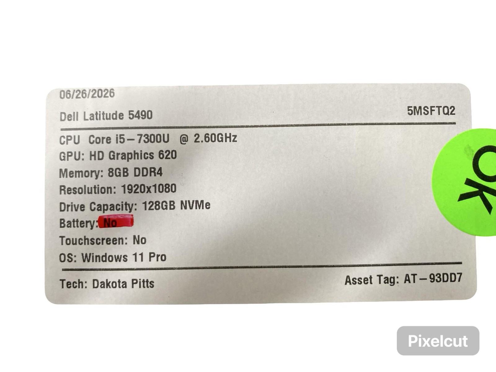 Dell Latitude 5490 Corei5 7300U 8GB Win11Pro 128GB No Battery Grade C