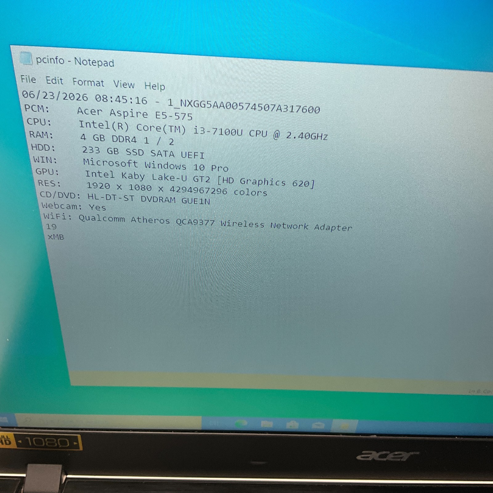 ACER ASPIRE E5-575 | I3-7100U 2.40 GHZ 4GB 250GB SSD Windows 10 Pro READ