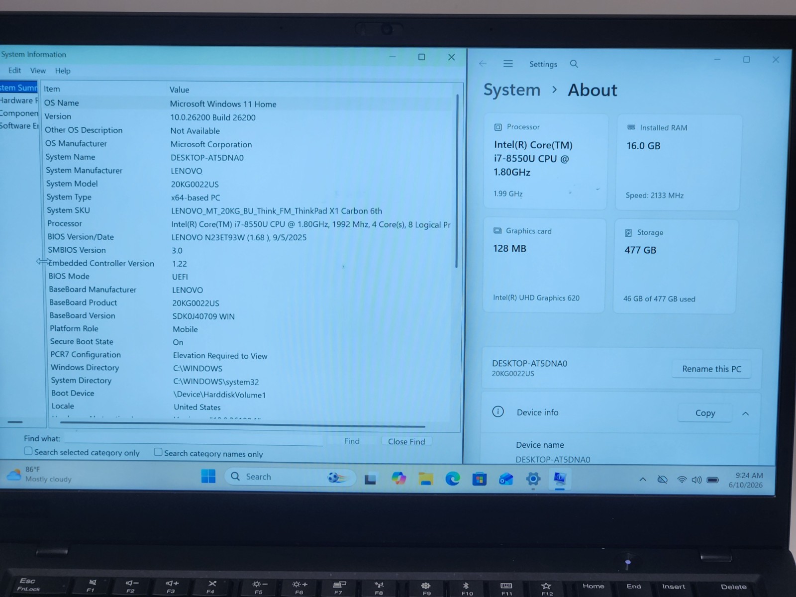 Lenovo ThinkPad 6th gen X1 Carbon i7-8550U 1.8GHz 16GB RAM 512GB SSD Win11H