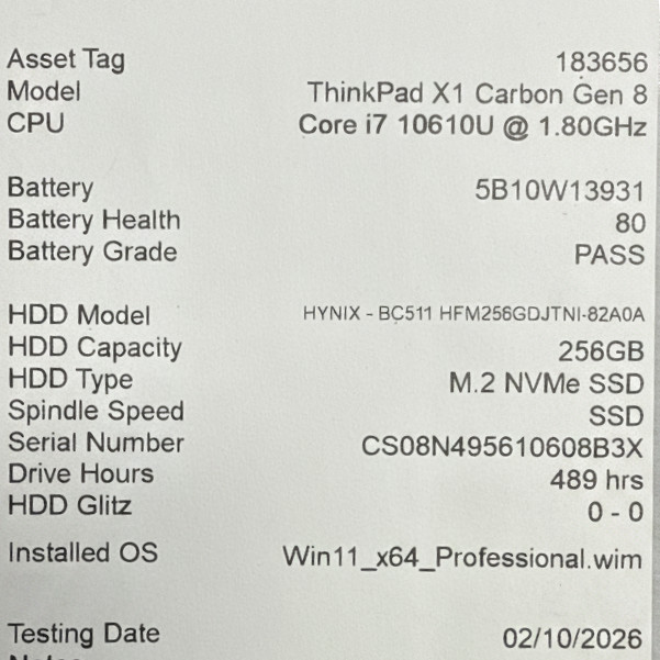 Lenovo ThinkPad X1 Carbon Gen 8 i7-10610U 1.8GHz 16GB RAM 256GB SSD Win 11 Pro