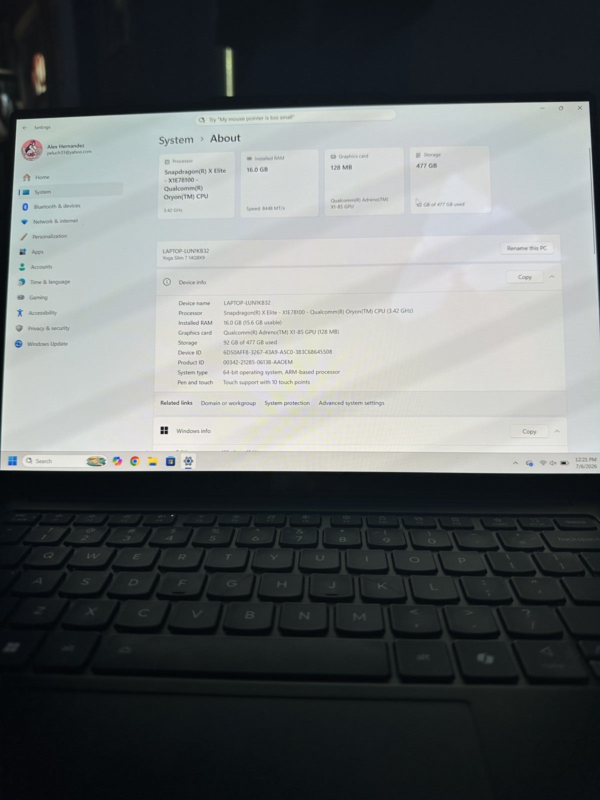 Lenovo Yoga Slim 7x 14.5 QHD+ TOUCH 3.42 GHz Snapdragon X Elite 16GB 512GB SSD