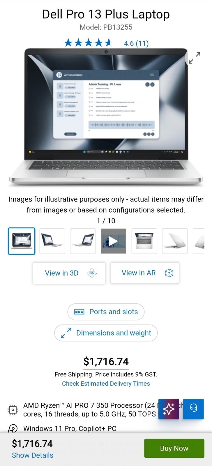 Dell Pro 13 Plus 13.3″ Ryzen AI 7 PRO 350, 32GB 512GB SSD, 4G LTE, Platinum, NEW