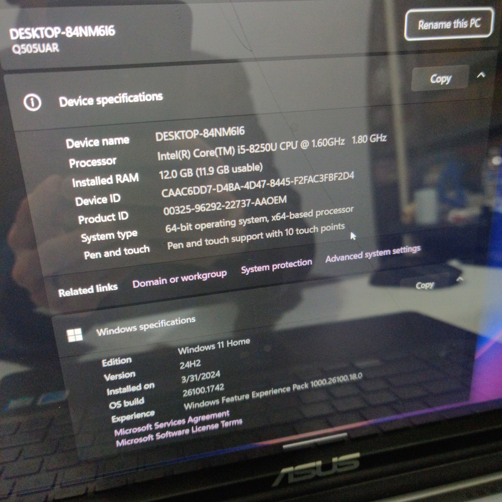 ASUS NOTEBOOK Q505U i5-8250U 12GB 256GB SSD FOR PARTS NO BATTERY CRACKED SCREEN