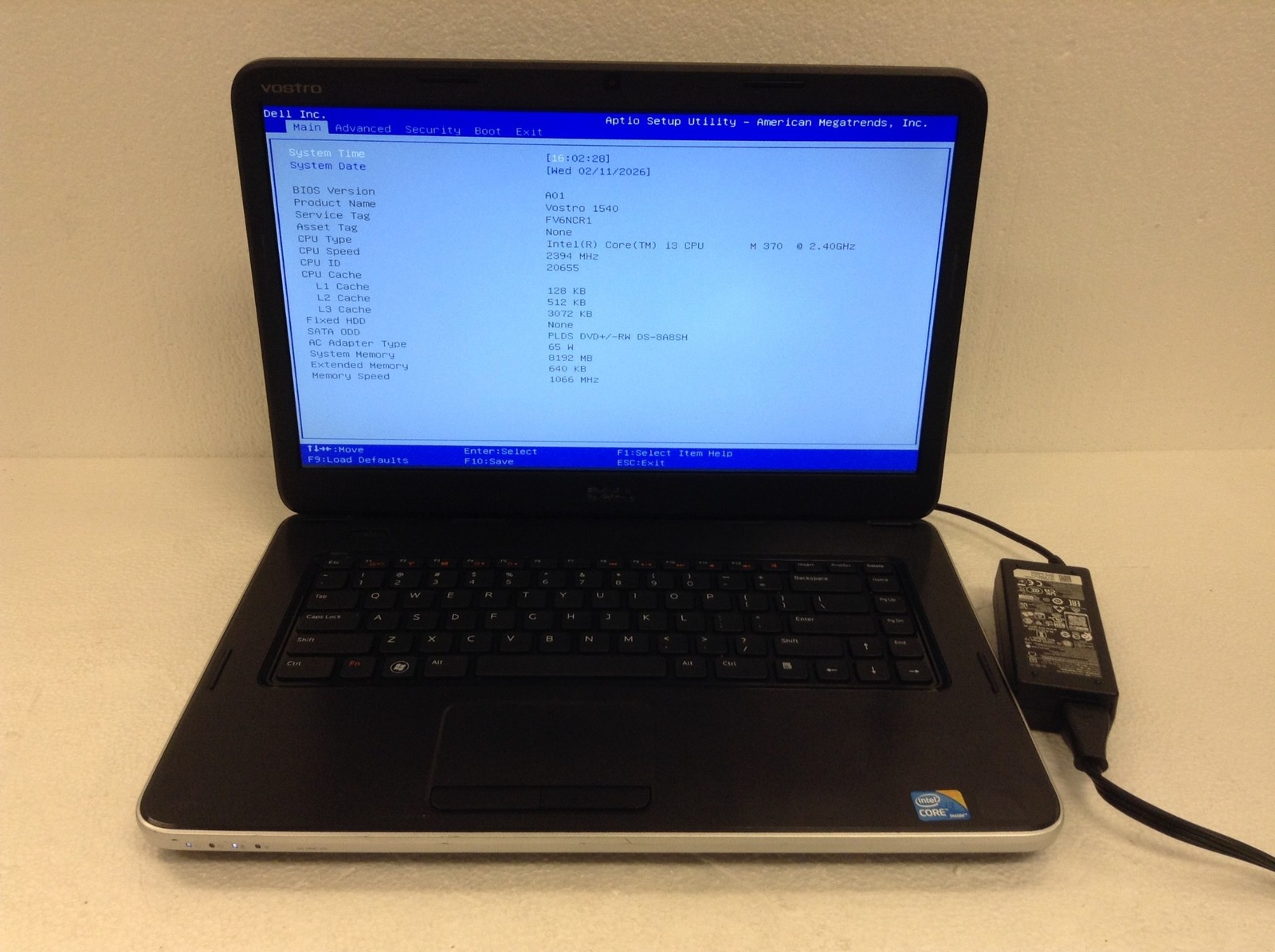 Dell Vostro 1540 Laptop 15.6″ i3-M370 2.40GHz 8GB RAM Ac adapter, No HDD, WORKS