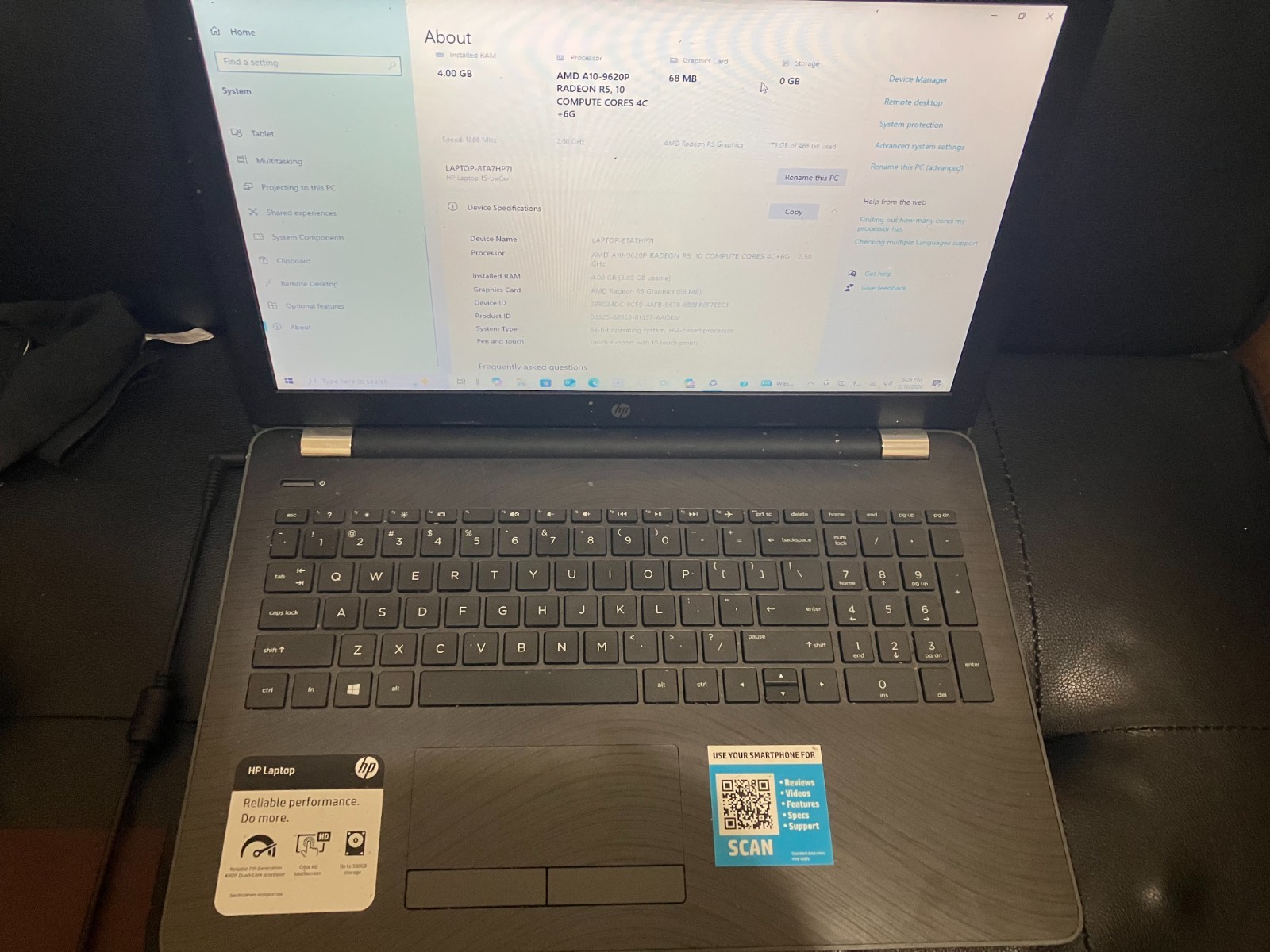 Laptop Hp 15.6″ Touchscreen AMD Quad Core A 10-9620P 4GB Win10