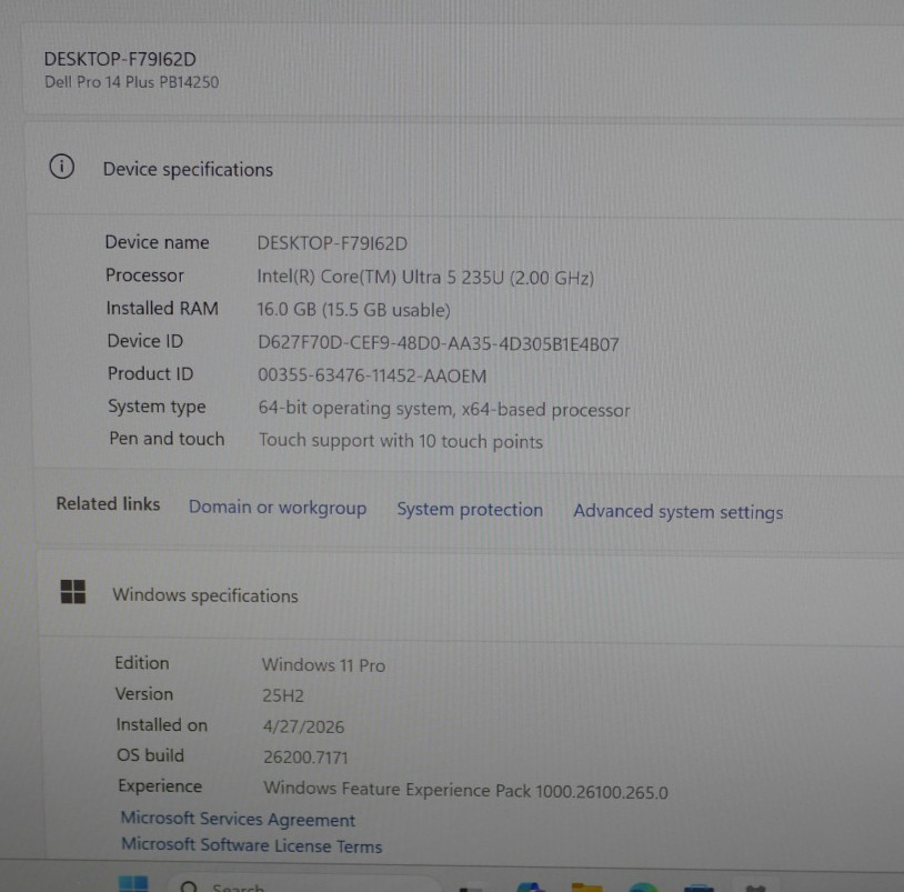 Dell Pro 14 Plus PB14250 14″ 512GB 2GHz 16GB RAM Intel Core Ultra 5 Touch