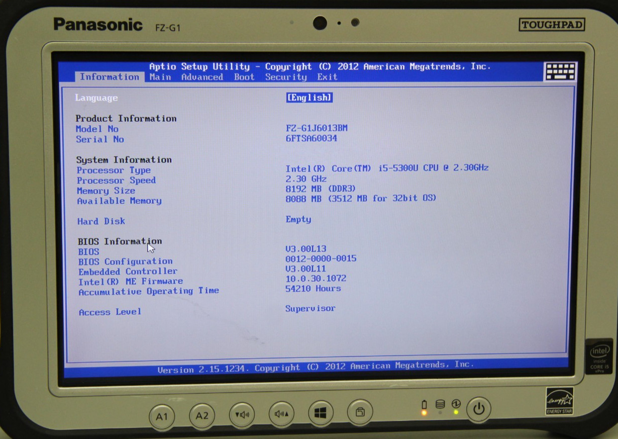 Panasonic Toughpad FZ-G1 Intel Core i5-5300U 2.30GHz 8GB Ram No HDD No Charger