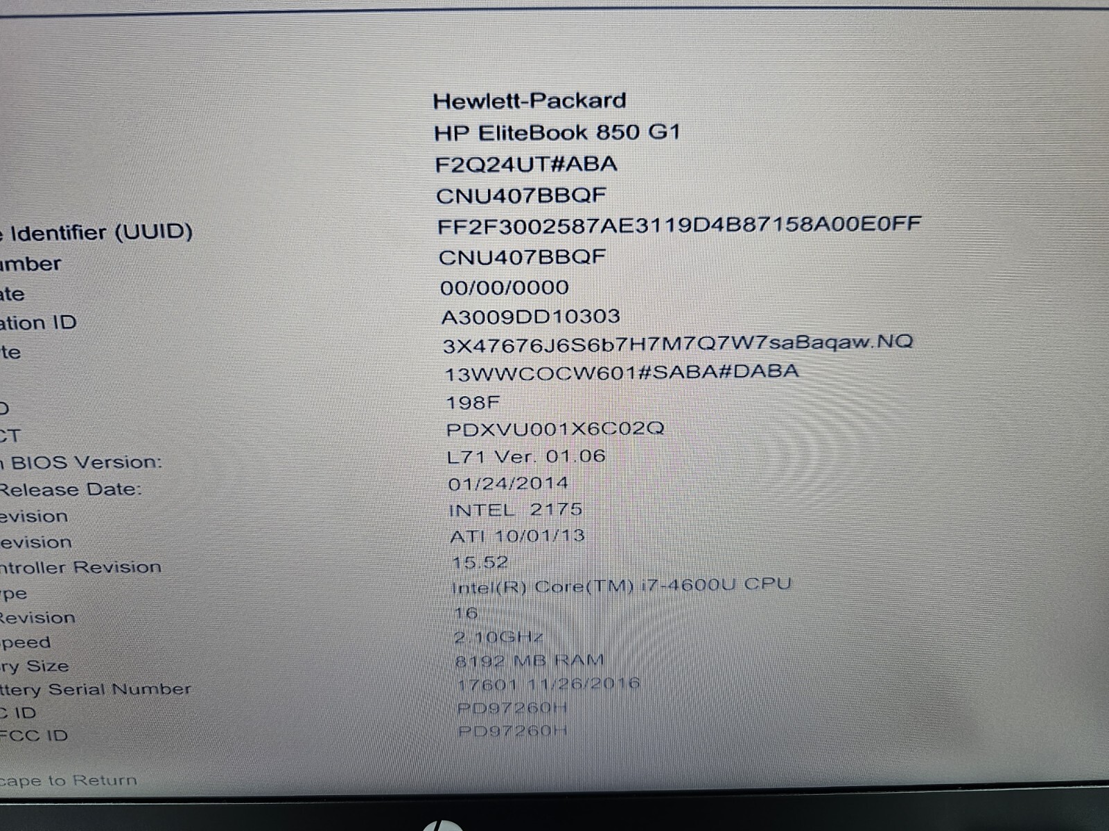 HP Elitebook 850 G1 Core i7 4600U 2.1GHz, 8GB RAM NO HDD Laptop