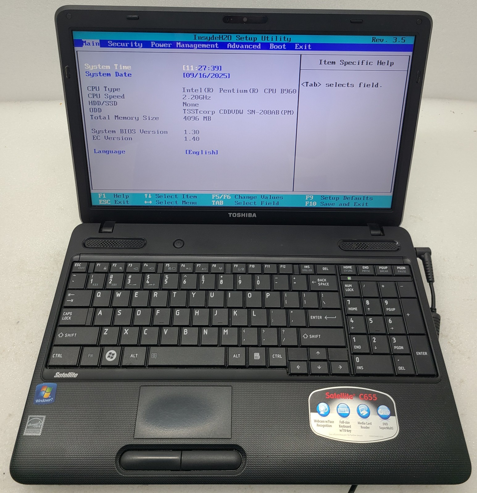 Toshiba Satellite C655 15.6″ Laptop Intel Pentium B960 4GB Ram NO HD/OS (FL)
