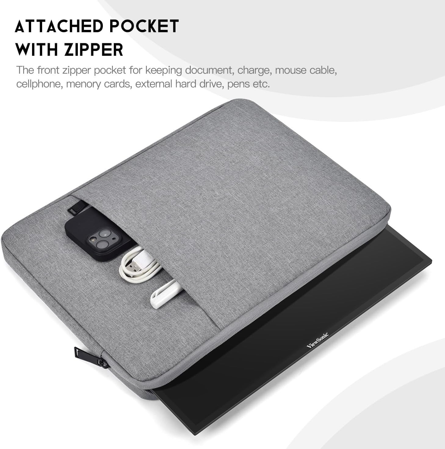 Padded Water Resistant Sleeve for 15.6-16.1 Inch Portable Monitors, Protective C