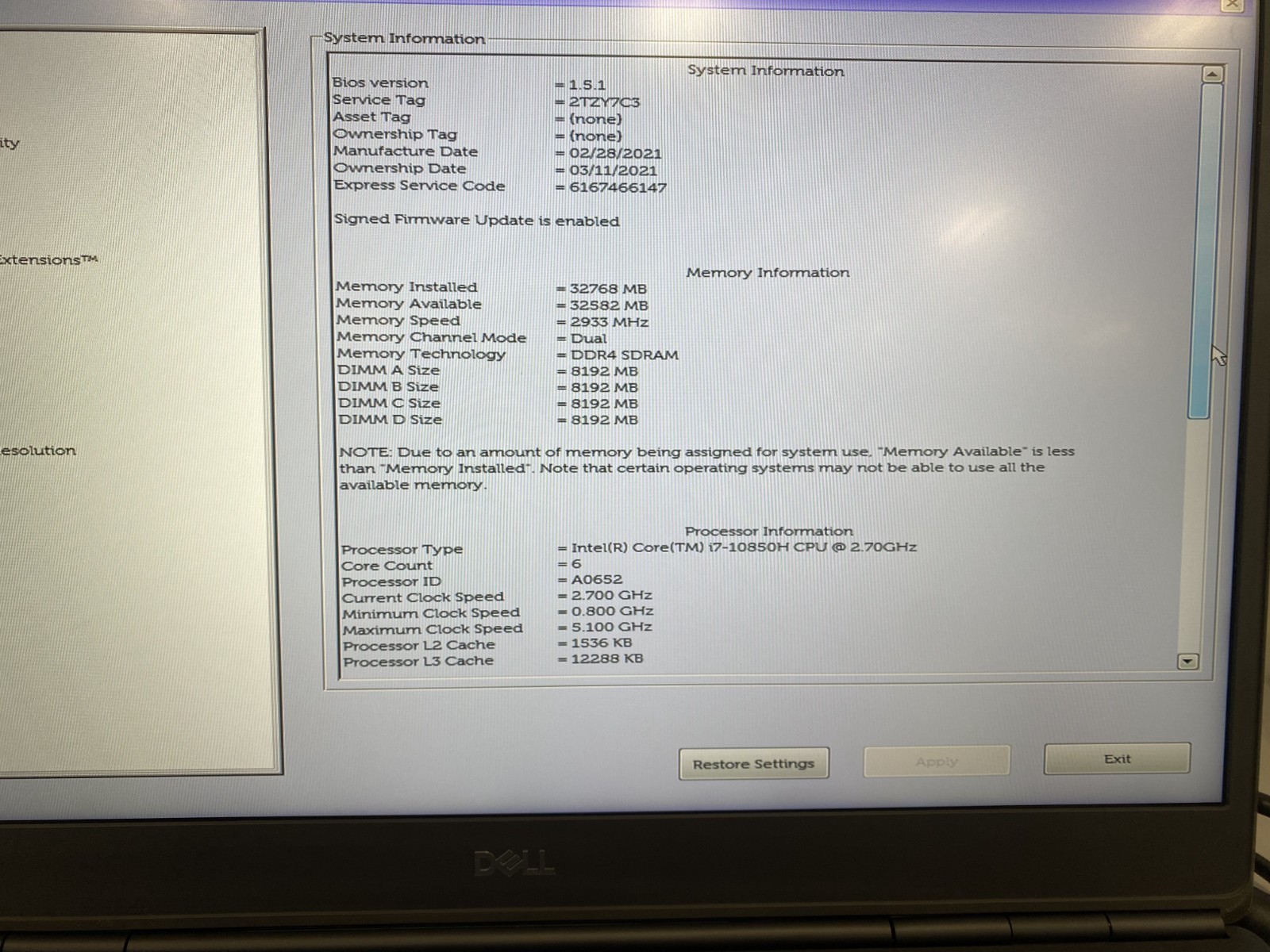 Dell Precision 7750 17″ i7-10850H CPU 2.70Hz 32GB Ram No SSD NO OS