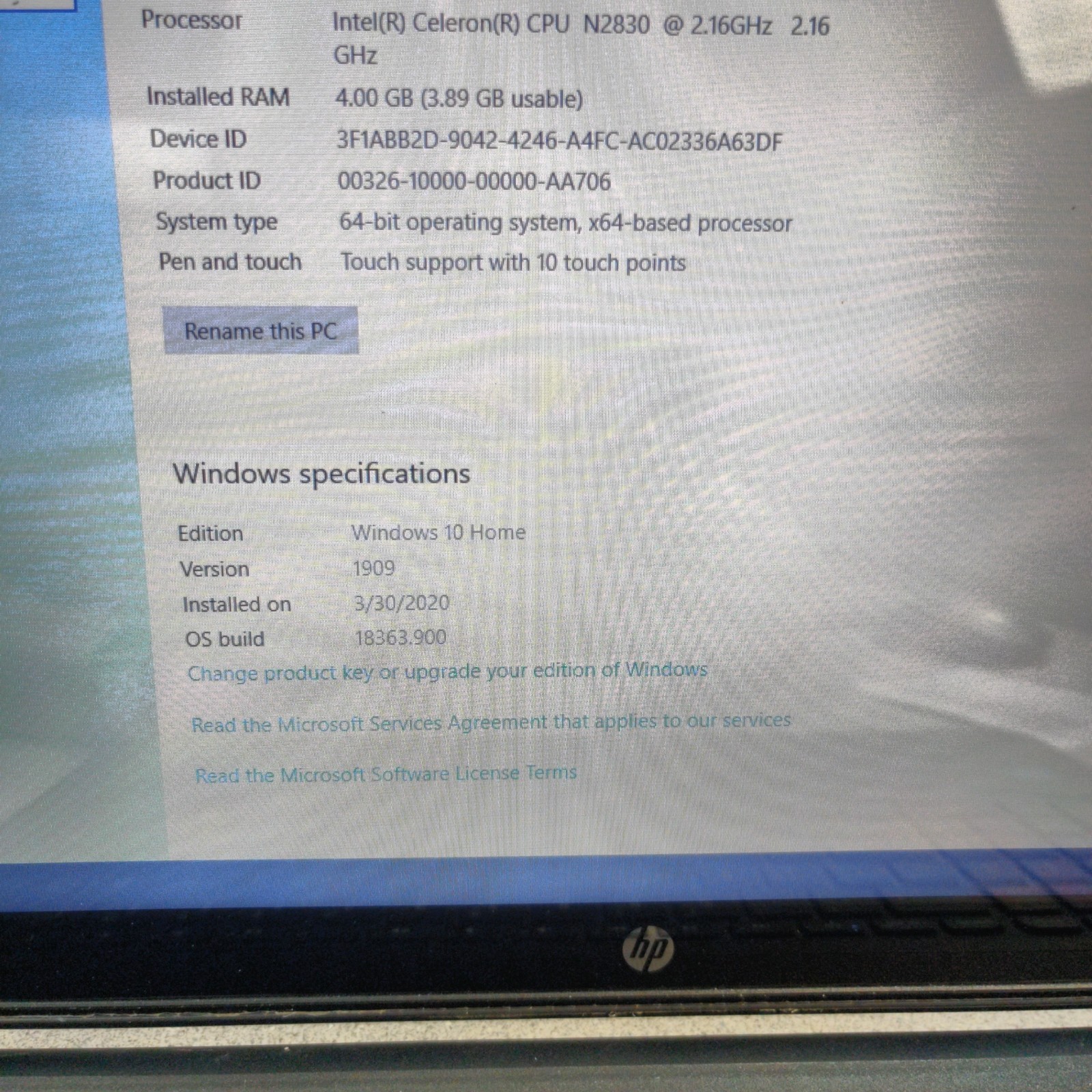 HP 15-f010wm Laptop N2830 2.16 GHZ 4GB RAM 256GB SATA SSD WIN10H NO BATTERY/AC