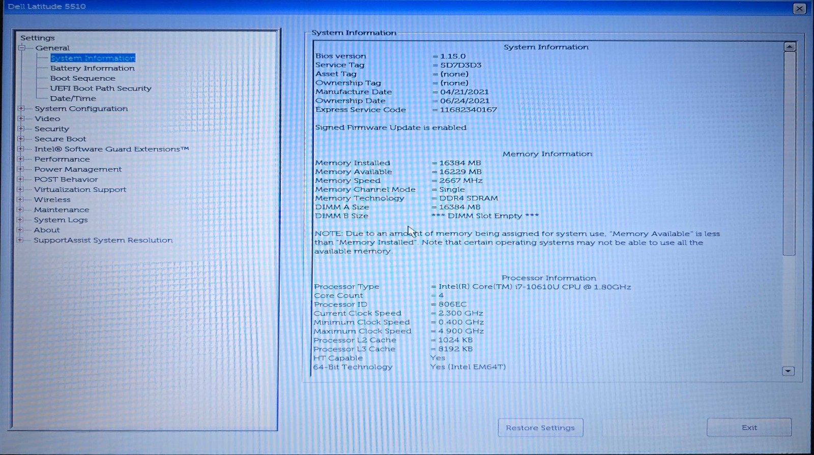 Dell Latitude 5510 Core i7-10610U CPU 16GB RAM 256GB SSD Win 11 Pro w/AC Adapter
