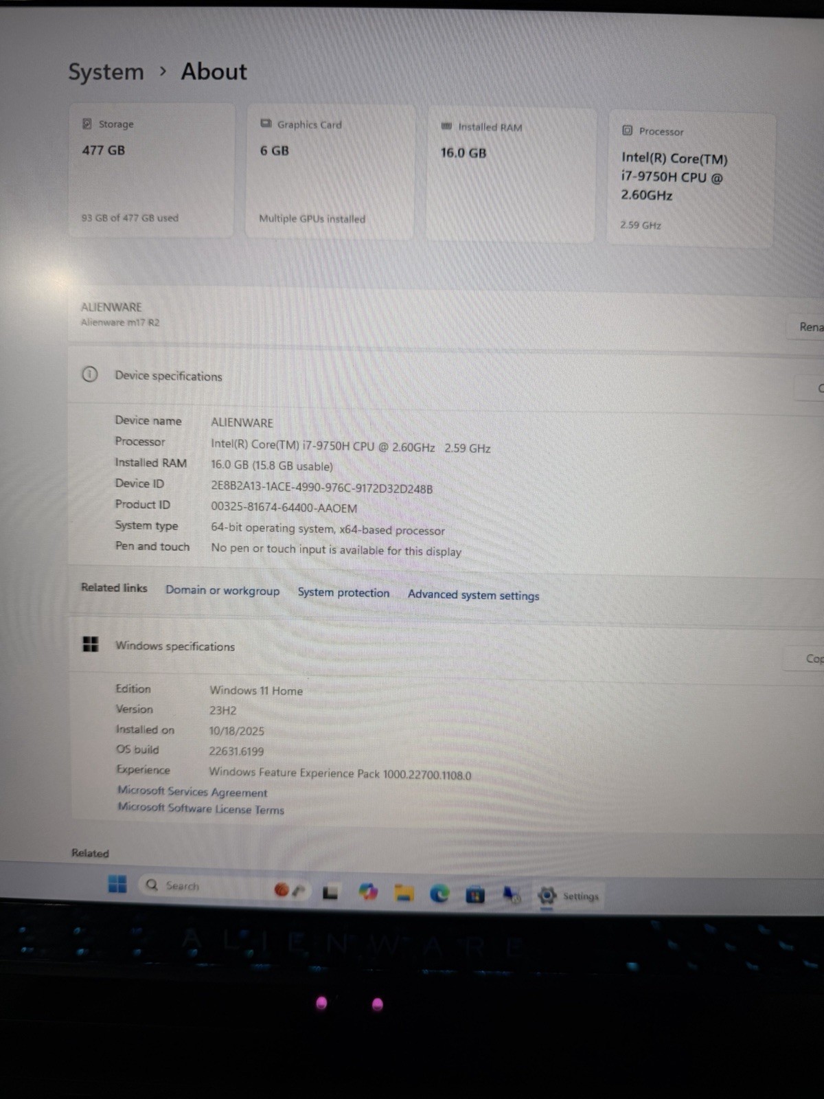 Alienware M17 R2 17.3″ i7-9750H 2.6GHz 16GB RAM 256GB SSD GeForce RTX 2070 Max-Q