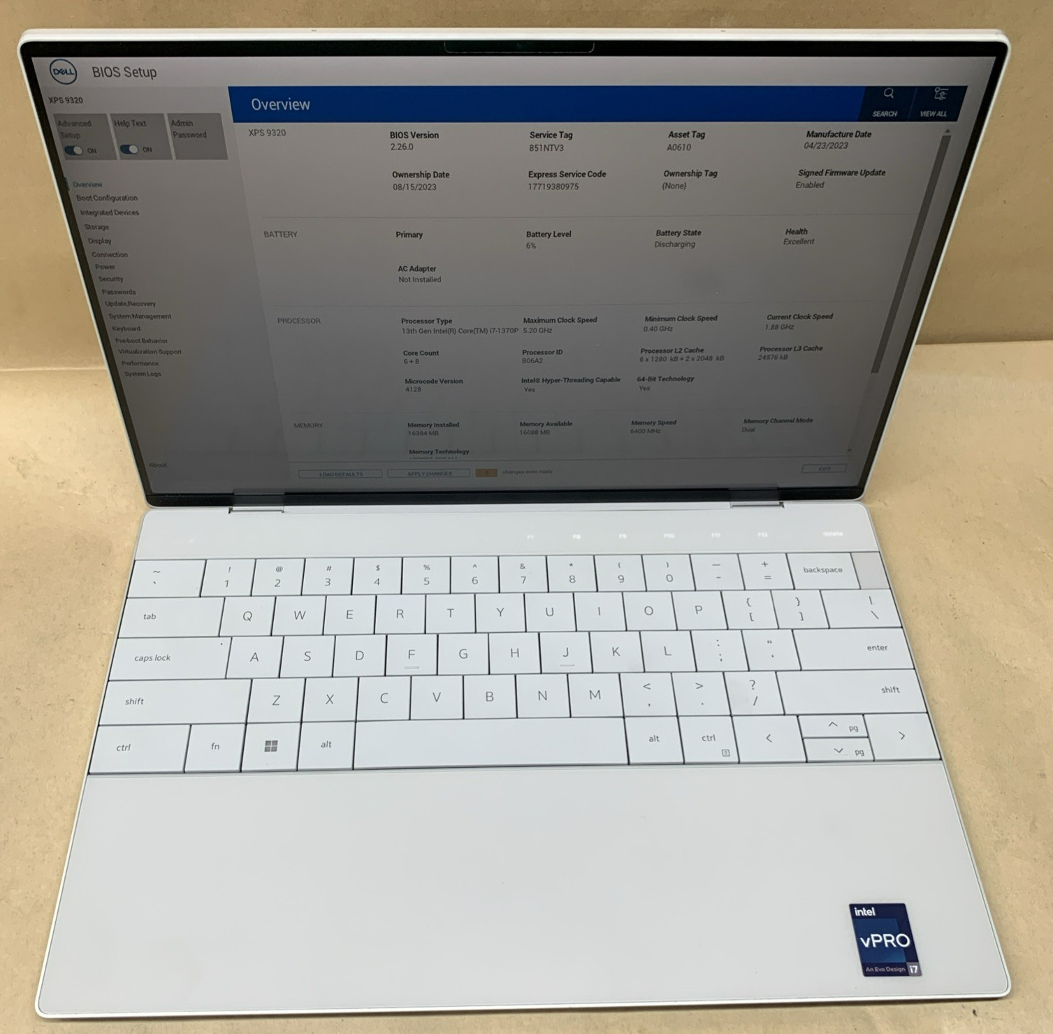 Dell XPS 9320, Intel Core i7-1370P @ 1.90GHz, 16GB RAM, No SSD/OS, No Charger