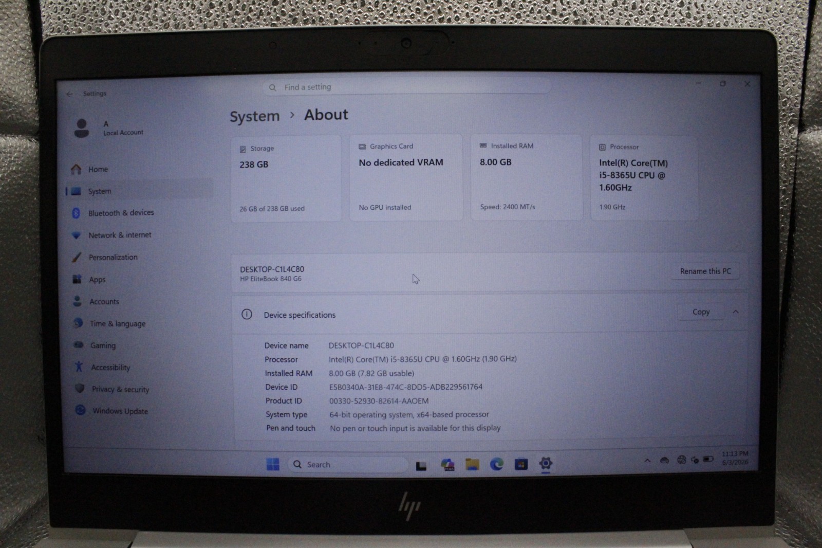 HP 840 G6 EliteBook 14″ (240GB SSD, Intel Core i5 8th Gen, 8GB RAM) Windows 11 P