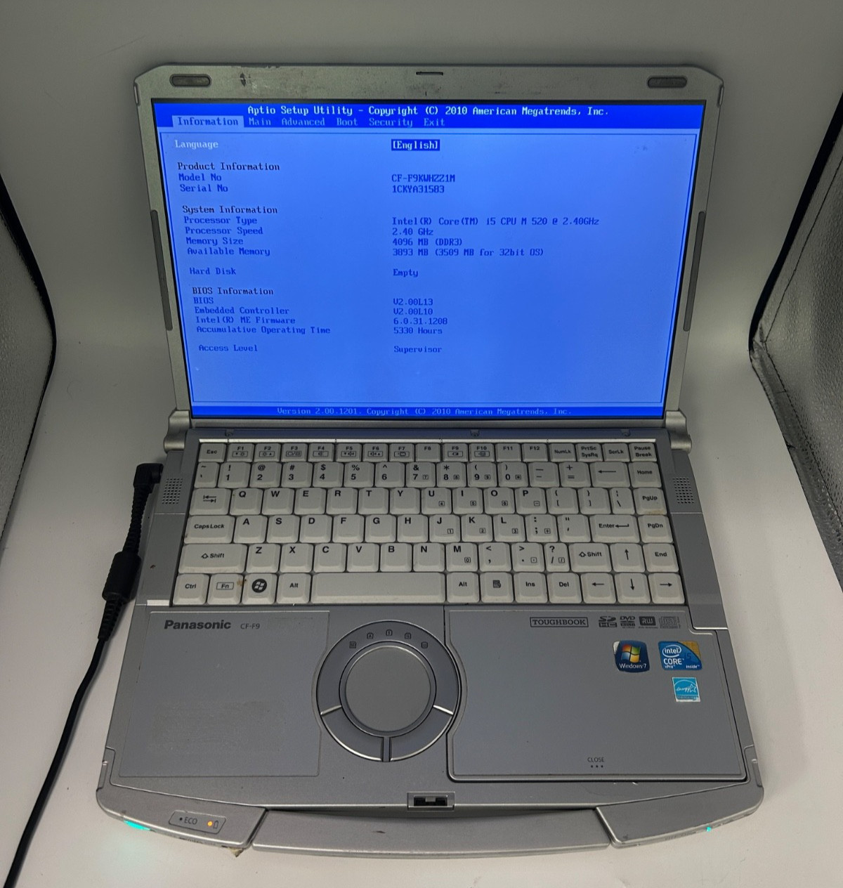 Panasonic Toughbook, CF-F9, i5-M520, 4GB RAM, No HDD, No OS, Rugged Laptop