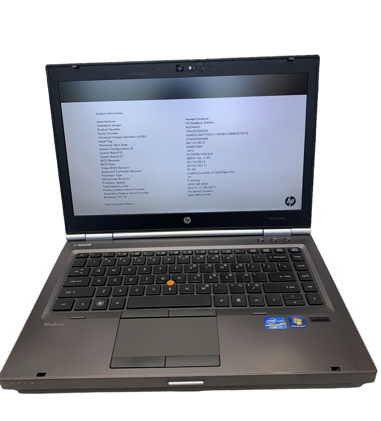 HP EliteBook 8460W i7-2670QM 2.20GHz 4GB not hard drive