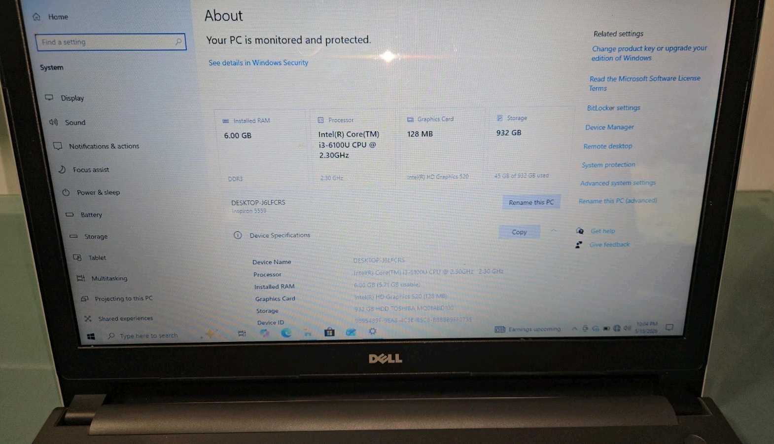 Dell Inspiron 15 5000 series – Intel i3-6100U/8GB RAM/ 1TB HDD /Win 10 Home