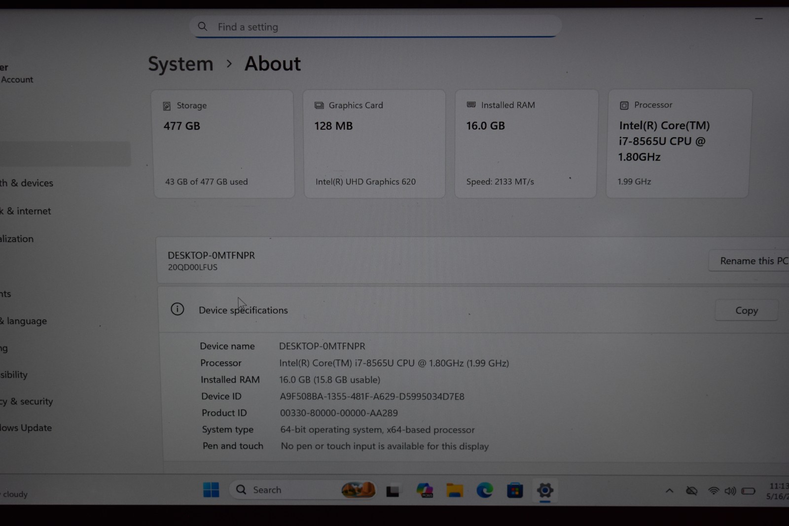 Lenovo ThinkPad X1 Carbon 7th Gen i7-8565U 16GB RAM WQHD 2560×1440 Windows 11