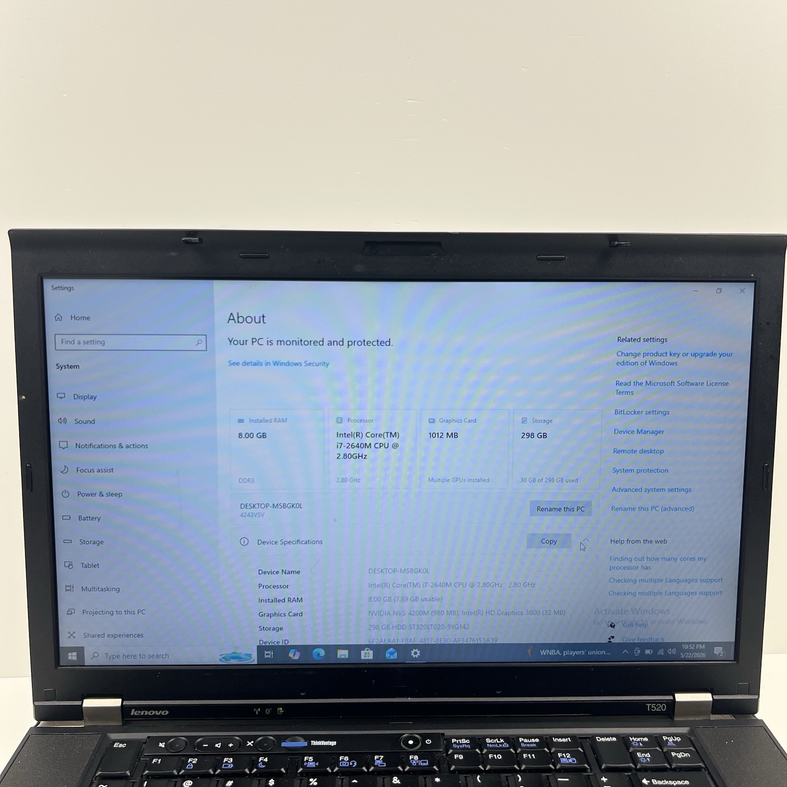 Lenovo ThinkPad T520 Intel i7-2640M 8GB 320GB HDD Win 10 w/ Charger|ELP79, READ
