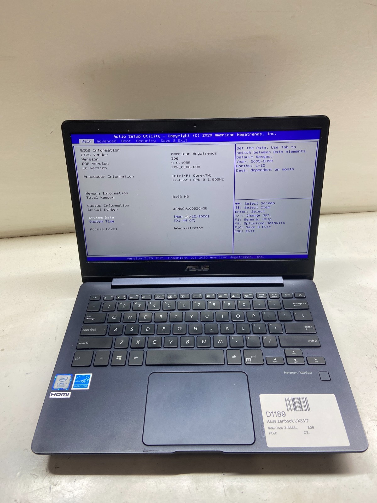 Asus Zenbook UX331F Intel Core i7-8565u 1.8GHz 8GB NO HDD