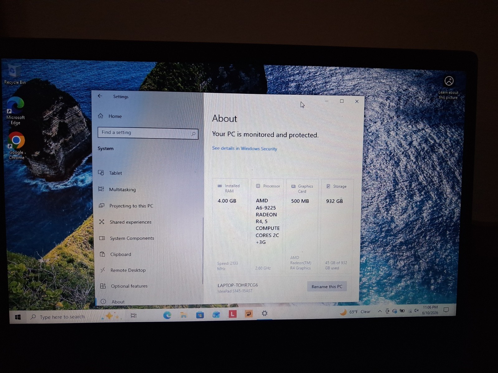 LENOVO IDEAPAD S145-15AST 15.6″ 2.6GHz AMD A6-9225 1TB HDD 4GB RAM